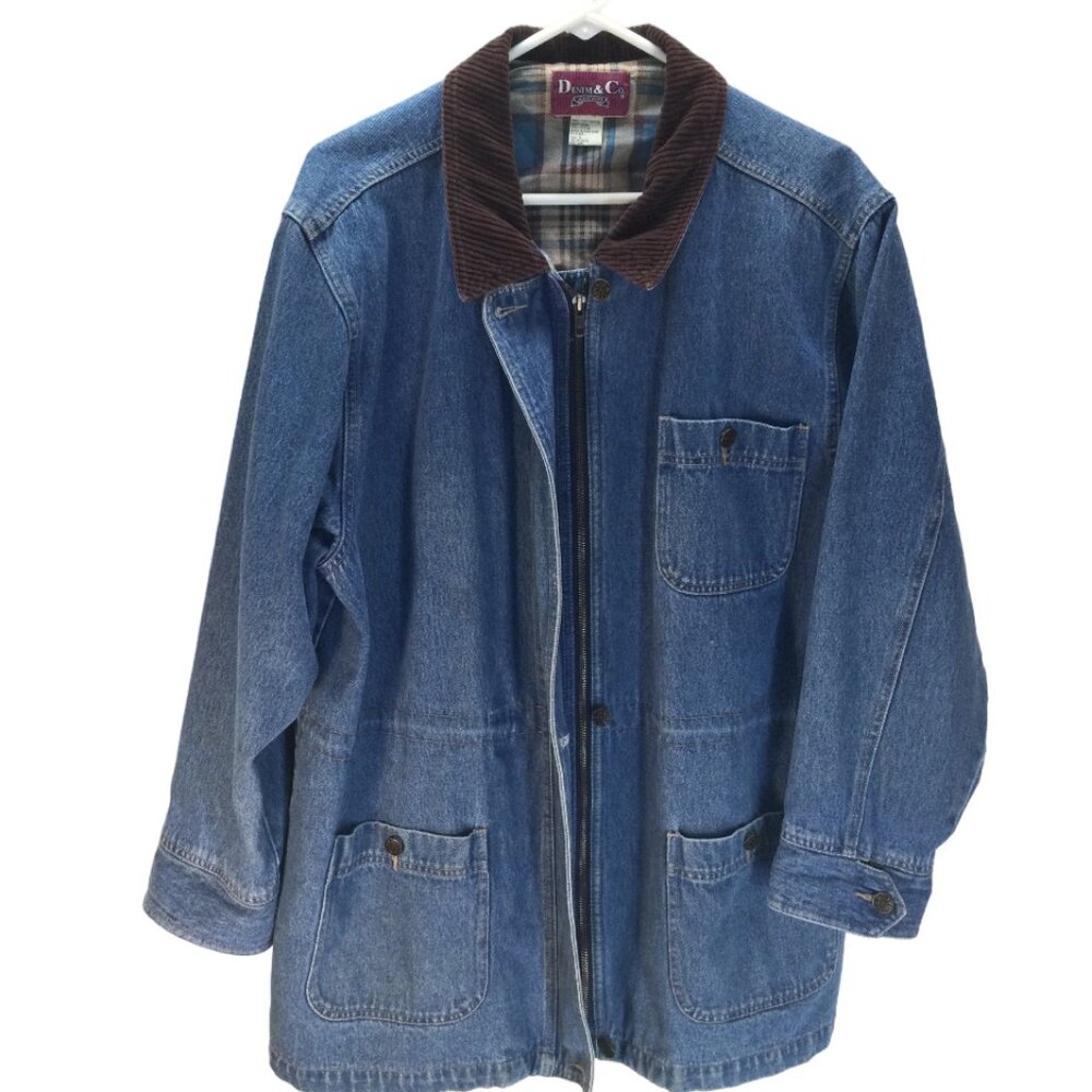 Denim & Co Womens L Jean Jacket Zipper-Front with3- Buttons  Pockets Draw String